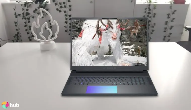 Dell Alienware 18 Area-51 Laptop on a white office desk with minimal decor for a review