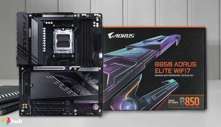GIGABYTE B850 AORUS Elite WIFI7 ICE AMD AM5 LGA 1718 Motherboard on a white office desk with soft lighting for a review