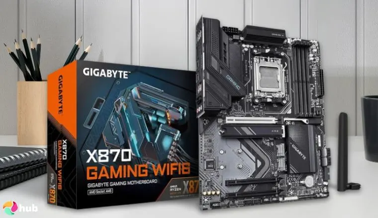 GIGABYTE X870 AMD Motherboard on a white office desk with balanced composition for a review