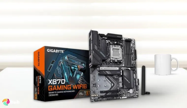 GIGABYTE X870 Gaming WIFI6 Motherboard on a white office desk positioned for photography