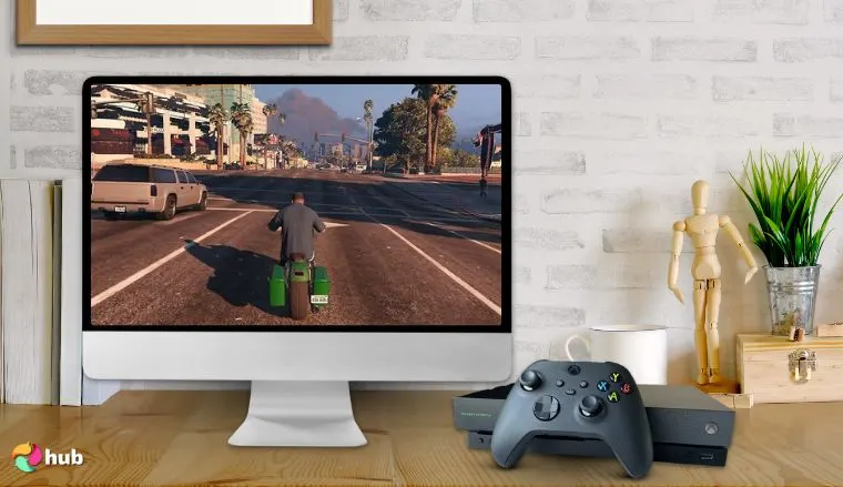 Xbox series X controller with GTA5 gameplay on the screen