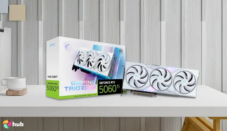 GeForce RTX 5060 Ti NVIDIA GPU on a white office desk with balanced composition for a review