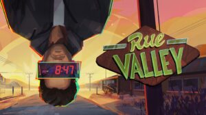 Cartoonish man hanging upside down with a clock in front of his face. Rue Valley logo is to the right.