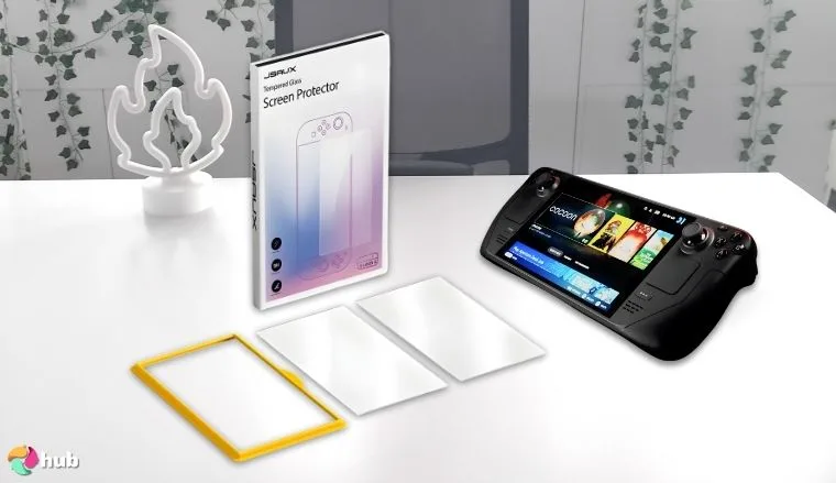 JSAUX 2-Pack Anti Glare Screen Protector for Steam Deck on a white office desk with natural shadows for a review
