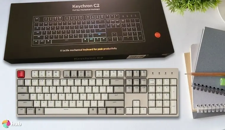 Keychron C2 Keyboard on a white office desk in close-up for a review