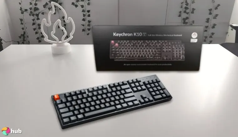 Keychron K10 Keyboard on a white office desk with simple styling for a review