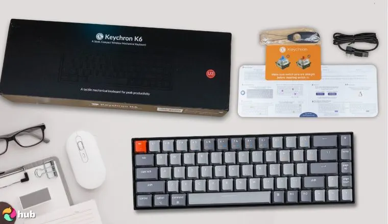 Keychron K6 Keyboard on a white office desk with creative arrangement for a review