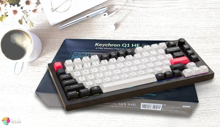 Keychron Q1 HE Keyboard on a white office desk set up for testing and review