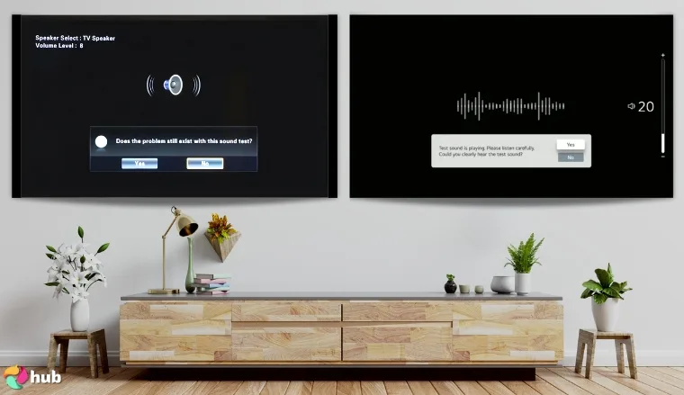 LG and Samsung TVs on the wall with sound tests on the screens