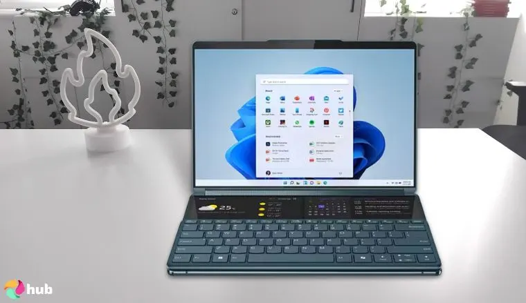 Lenovo Yoga 9i Gen 9 Laptop on a white office desk in close-up for a review