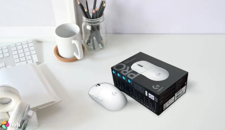 Logitech G PRO X SUPERLIGHT 2 Mouse on a white office desk with soft lighting for a review