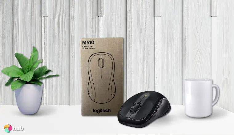Logitech M510 Mouse on a white office desk with simple styling for a review