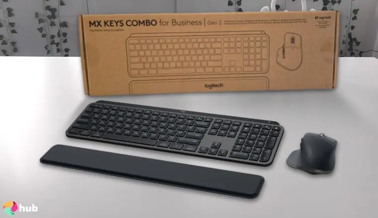Logitech MX Keys Combo Keyboard on a white office desk with natural shadows for a review