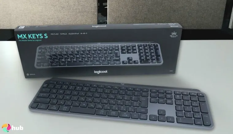 Logitech MX Keys S Keyboard on a white office desk in close-up for a review