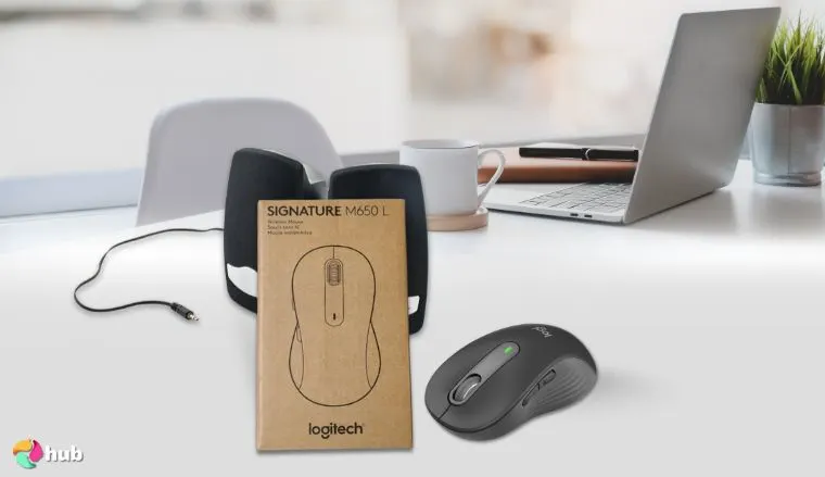 Logitech Signature M650 L Full Size Mouse on a white office desk styled for promotional review