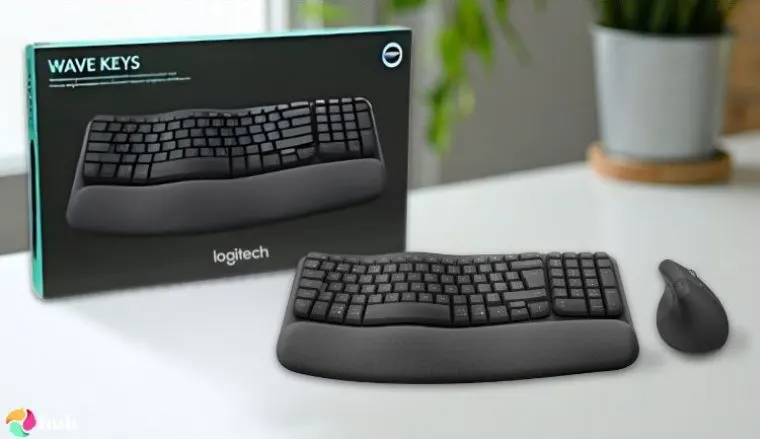 Logitech Wave Keys & Lift Vertical Mouse on a white office desk with balanced composition for a review