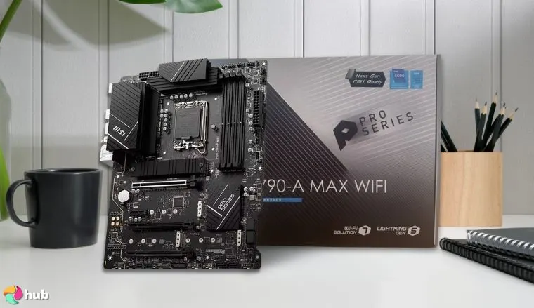 MSI PRO Z790-A MAX WiFi ProSeries Motherboard on a white office desk with creative arrangement for a review