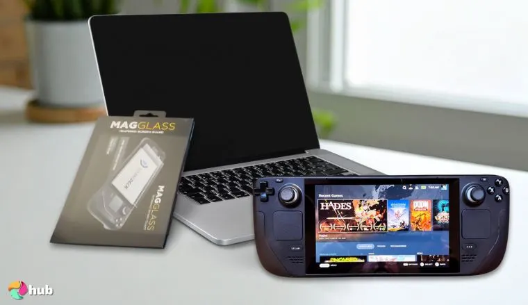 Magglass Tempered Screen Guard Protector for Steam Deck on a white office desk in a minimalist setup for a review