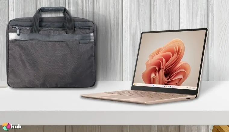 Microsoft Surface Laptop Go 3 on a white office desk in close-up for a review