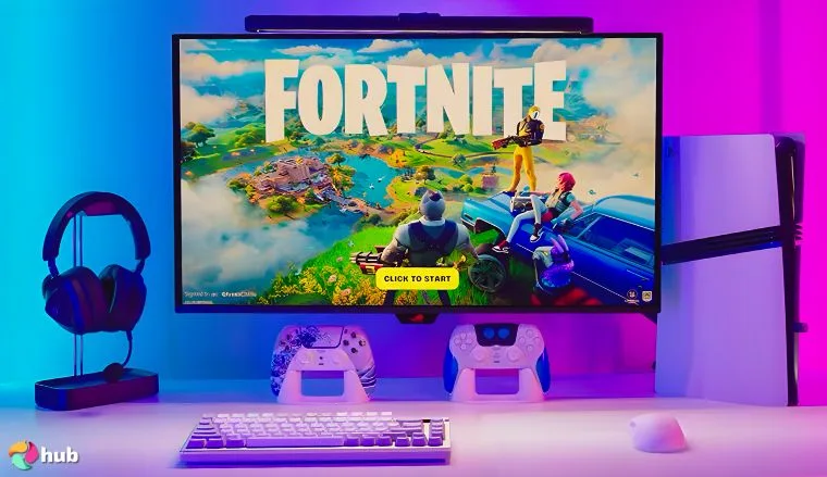 PS5 gaming setup with pink and blue lights