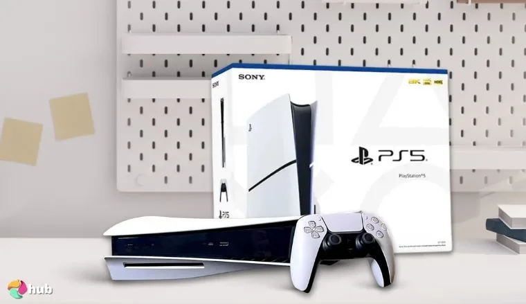 PS5 unboxed on a white office desk with simple styling for a review