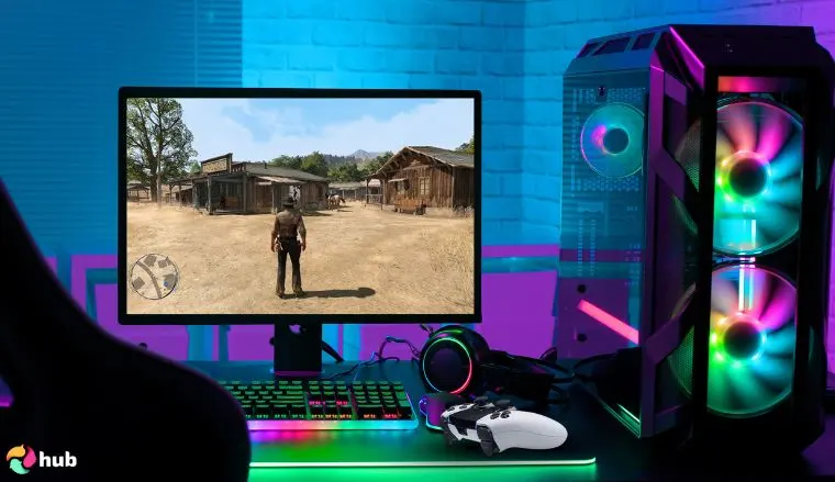 RDR2 gameplay on the screen with PS5 controller