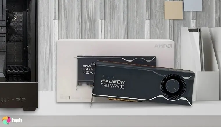 Radeon Pro W7800 AMD GPU on a white office desk with professional arrangement for a review