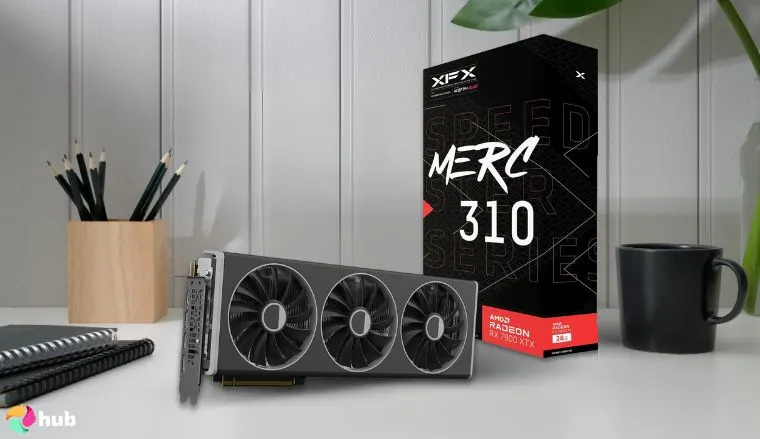 Radeon RX 7900 XTX AMD GPU on a white office desk in close-up for a review