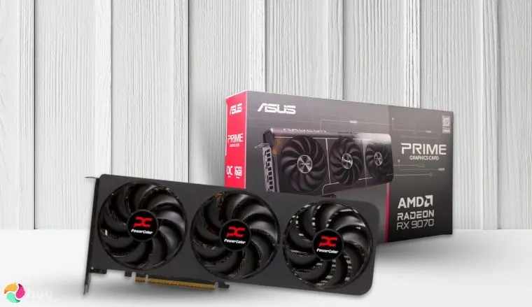 Radeon RX 9070 AMD GPU on a white office desk styled neatly for a review