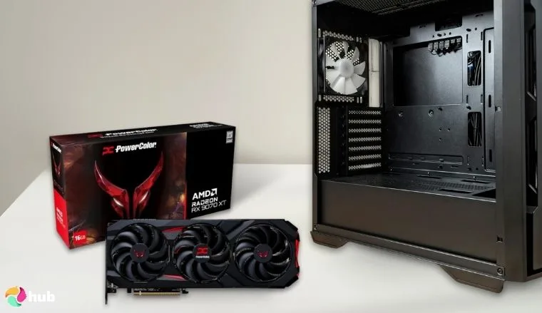 Radeon RX 9070 XT AMD GPU on a white office desk with decorative items for a review