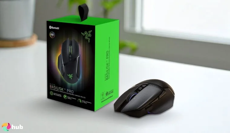 Razer Basilisk V3 Pro Mouse on a white office desk with soft lighting for a review
