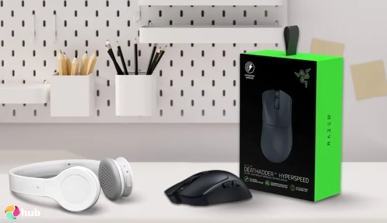 Razer DeathAdder V3 HyperSpeed Mouse on a white office desk with simple styling for a review
