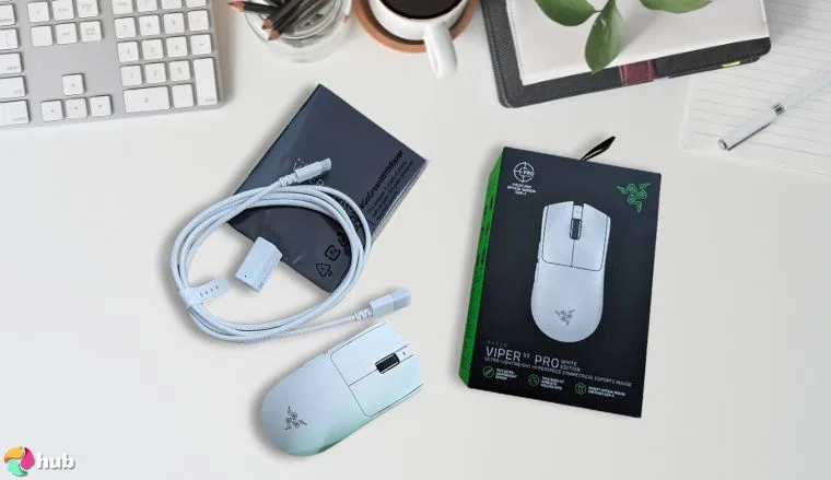 Razer Viper V3 Pro Wireless Esports Gaming Mouse on a white office desk in a well-lit setting for a review