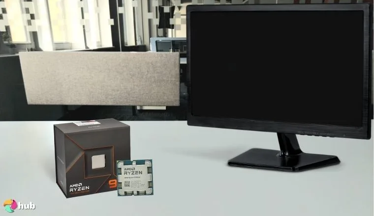 Ryzen 9 7900X AMD CPU on a white office desk with neat arrangement for a review