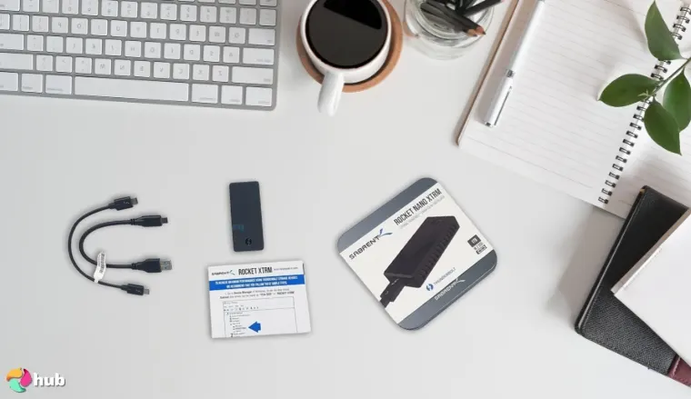 SABRENT Rocket Nano XTRM on a white office desk photographed for a review