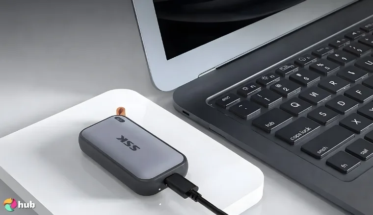 SSK SSD on a white office desk in close-up for a review