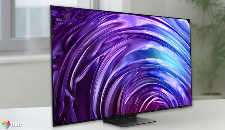 Samsung OLED S95F 4K Glare Free Smart TV on a white office desk styled neatly for a review