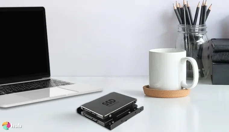 Solid State Drive on a white office desk styled neatly for a review