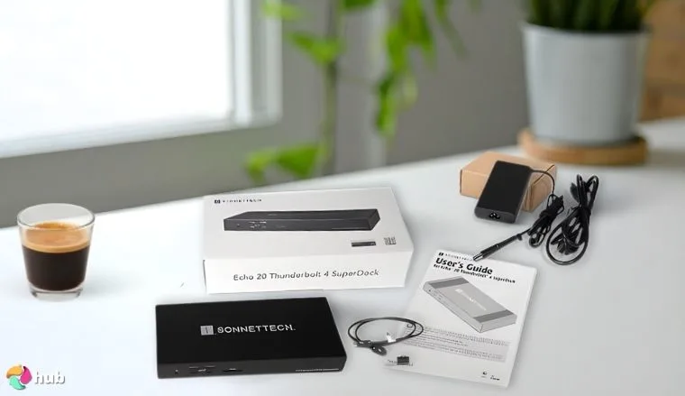 Sonnet Echo 20 Thunderbolt 4 SuperDock Docking Station on a white office desk with soft lighting for a review