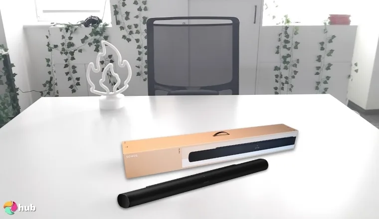 Sonos Arc Ultra Soundbar on a white office desk with an uncluttered background for a review