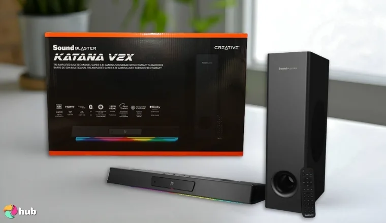 Sound Blaster Katana V2X Soundbar on a white office desk styled neatly for a review