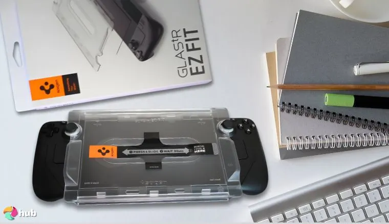 Spigen GLAS.tR EZ Fit Screen Protector for Steam Deck on a white office desk positioned for photography