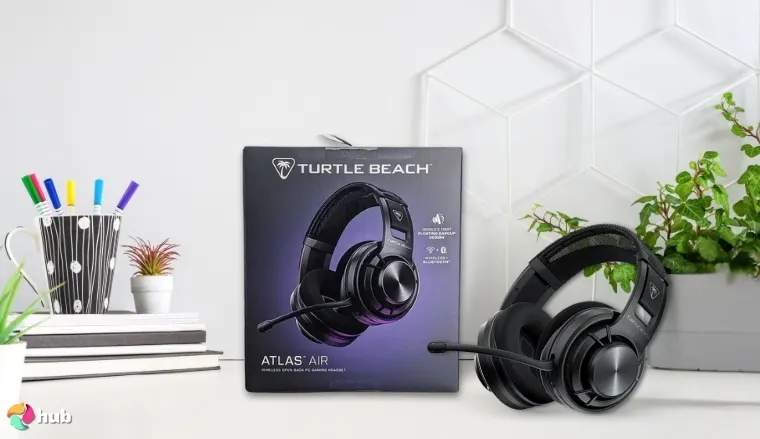 Turtle Beach Atlas Air Headset on a white office desk styled for a review