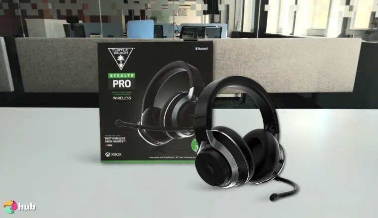 Turtle Beach Stealth Pro Headset on a white office desk set up for testing and review