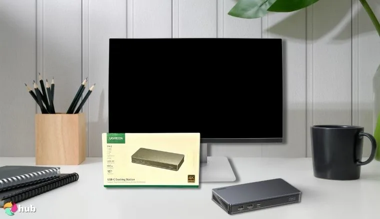 UGREEN Revodok Pro 209 Docking Station on a white office desk with an uncluttered background for a review