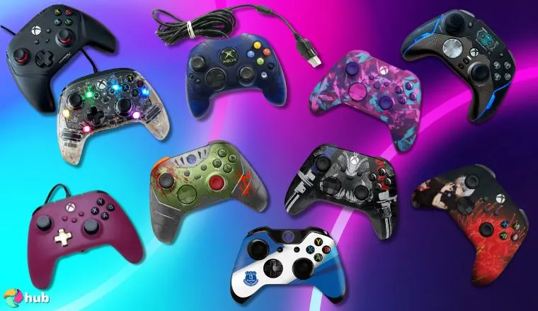  Xbox Series X controllers on the neon pink and blue background