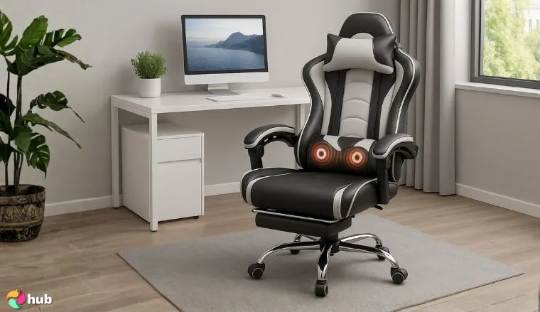Yaheetech Gaming Chair in the office styled neatly for a review
