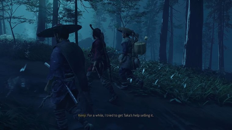 Ghost of Tsushima - three characters walking up a hill in darkness