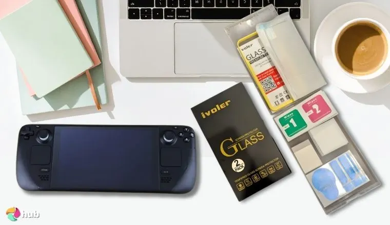 ivoler 2-Pack Anti-Glare Etched Screen Protector for Steam Deck on a white office desk styled for promotional review