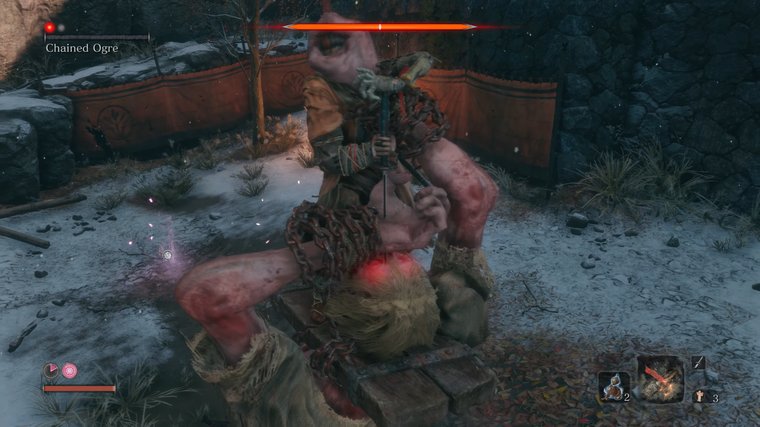 Sekiro: Shadows Die Twice - attacking a chained ogre